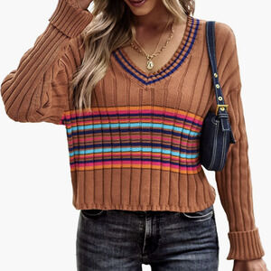 Mansy Casual Chunky Cable Knit Sweater V Neck Color Block Sweaters, Size L‌‌‌‌‌